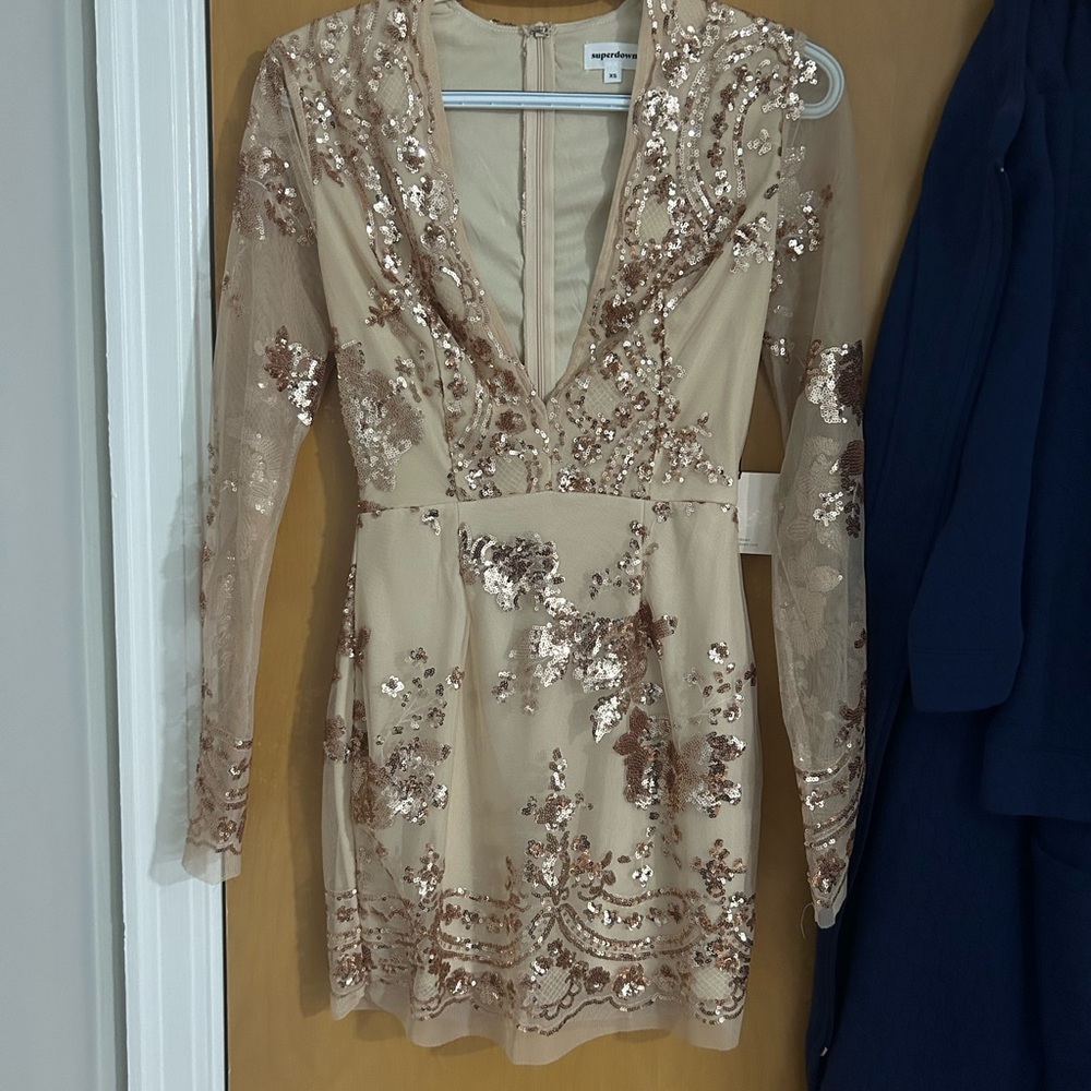 Superdown Sequin Long Sleeve Dress in Nude and Gold